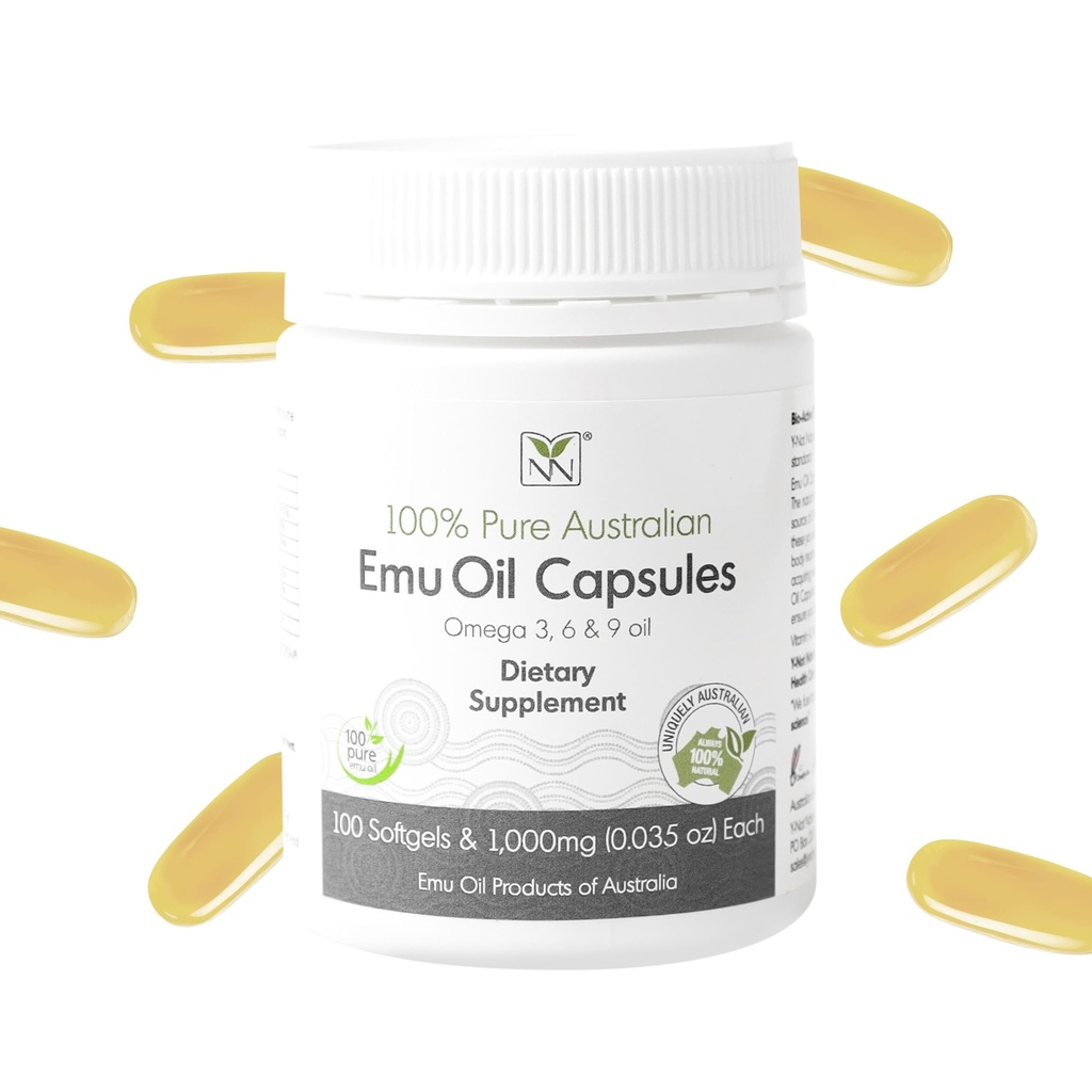 Emu Oil kapsułki - Serce, Włosy, Metabolizm i Joint Supplement - Farmaceutyczny olej Emu z CLA, Omegas 3, 6 & 9 z Witaminą K2, A & E przez Y- Natural - 1000mg, 100 kapsułki