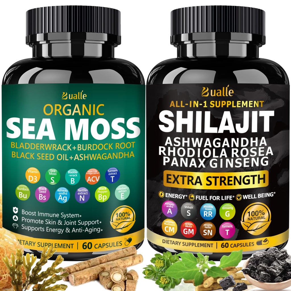 Bualle Sea Moss i Shilajit Bundle- Sea Moss 300mg, Black Seed Oil 100mg, Ashwagandha 50mg, Ginger & Shilajit 300mg, Rhodiola Rosea 100mg, Panax Ginseng 50mg, Wszystkie w 1 Suplement - USA Made (2 Pack)