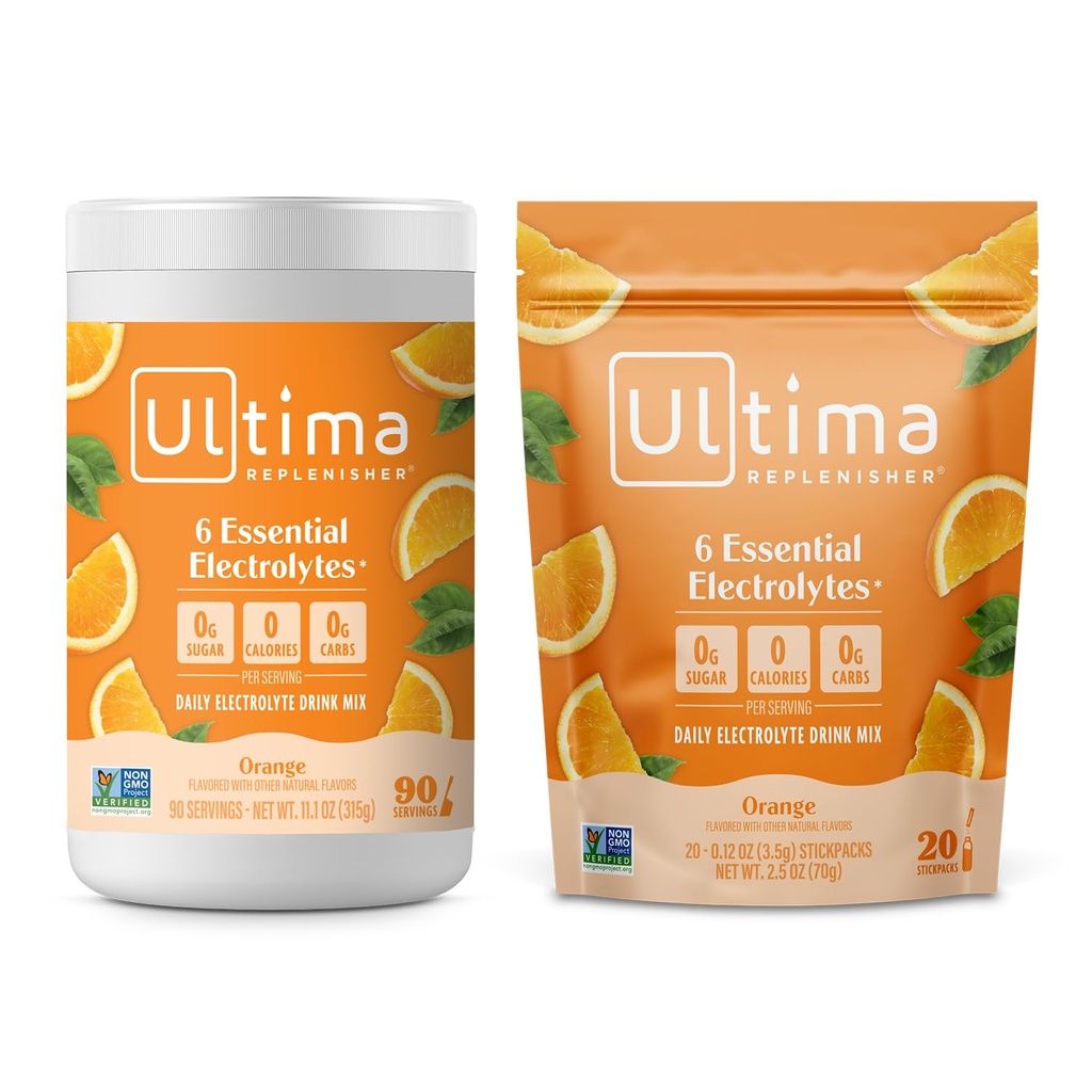 Ultima Replenisher Electrolyte w proszku zestaw do napojów - Cukier wolny - Pomarańcza, 90 Puszka do podawania i 20 Opakowania Stickpack - 6 Elektrolitów i Minerałów - Keto Friendly, Wegan, Non-GMO