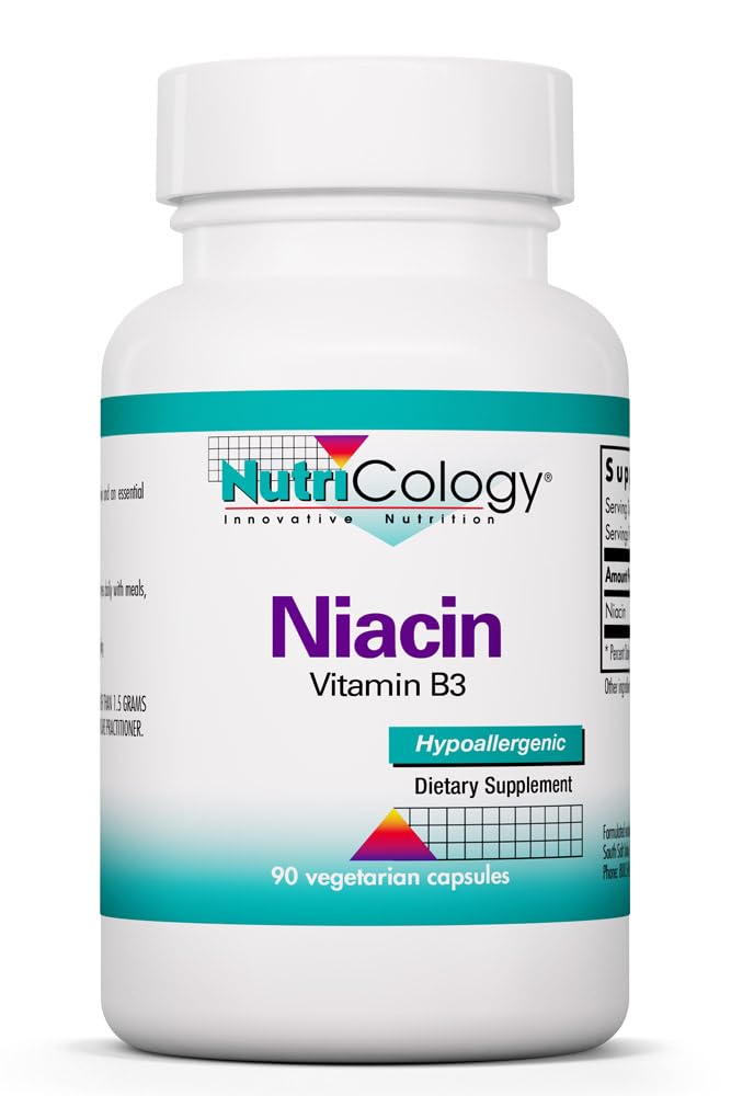 Nutricology Niacin Supplement - Witamina B3 dla mężczyzn i kobiet, Niacyna z zaczerwienieniem, Kwas nikotynowy, NAD, 250 mg kapsułki wegetariańskie - 90