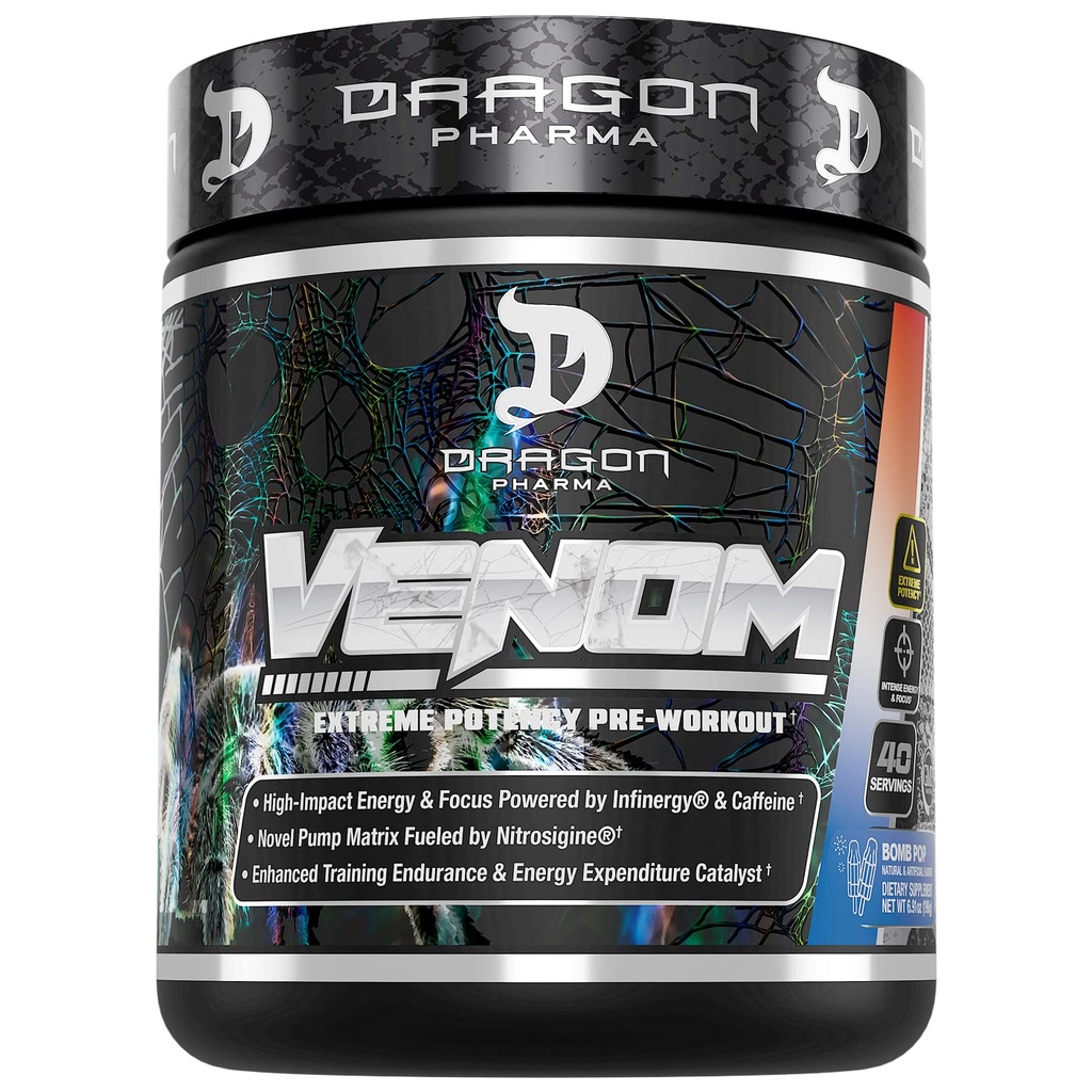 DRAGON PHARMA Venom Extreme Potency Pre- Workout, Laser Sharp Focus + Energia, Intensywna wydajność, Proven Składniki dla ulepszonego Vasodilation & Endurance (40 Służenie, Bomb Pop)