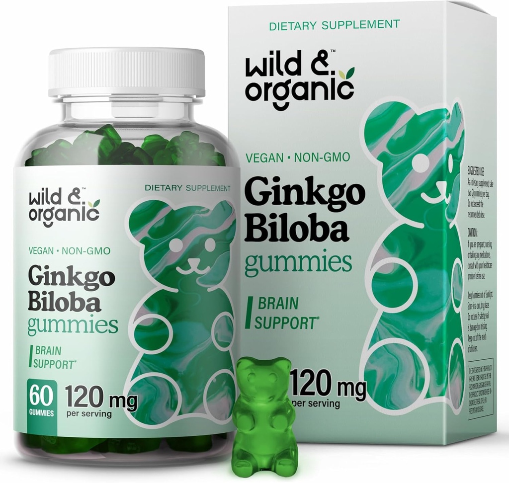 Wild & Organic Gingko Biloba 120mg Gummies - Wsparcie dla mózgu i suplement Focus w / Ginkgo Biloba Extract - Vegan, Non-GMO - 60 Pectin- Based Herbal Chewables