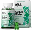 Wild & Organic Gingko Biloba 120mg Gummies - Wsparcie dla mózgu i suplement Focus w / Ginkgo Biloba Extract - Vegan, Non-GMO - 60 Pectin- Based Herbal Chewables
