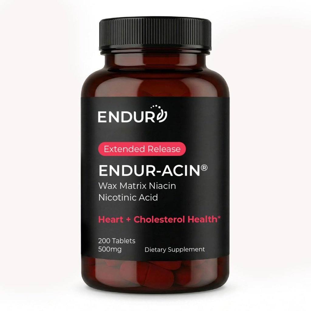 ENDUR- ACIN Niacyna, Heart Health & Healthy Cholesterol Balance Supplement, Rozszerzone wydanie dla optymalnej absorpcji, Gluten Free, 500mg (200 tabletek)