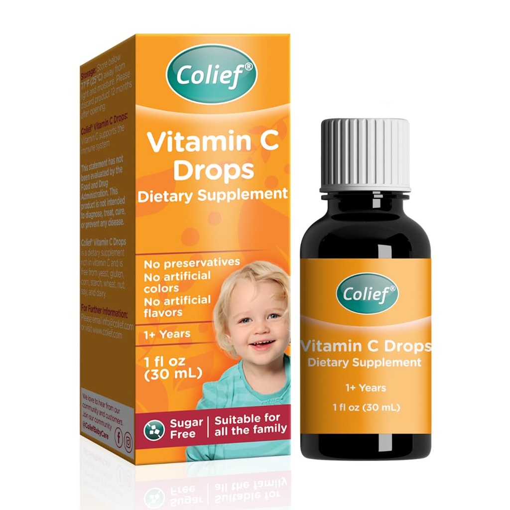 Kolief Witamina C Krople dla dzieci 124; Codzienne wsparcie immunologiczne dla niemowląt Wiek + 1 Wiek 124; Pamiętnik, Gluten i Preservative Free 124; Wsparcie rozwoju zdrowych kości i zębów 124; 600 Krople