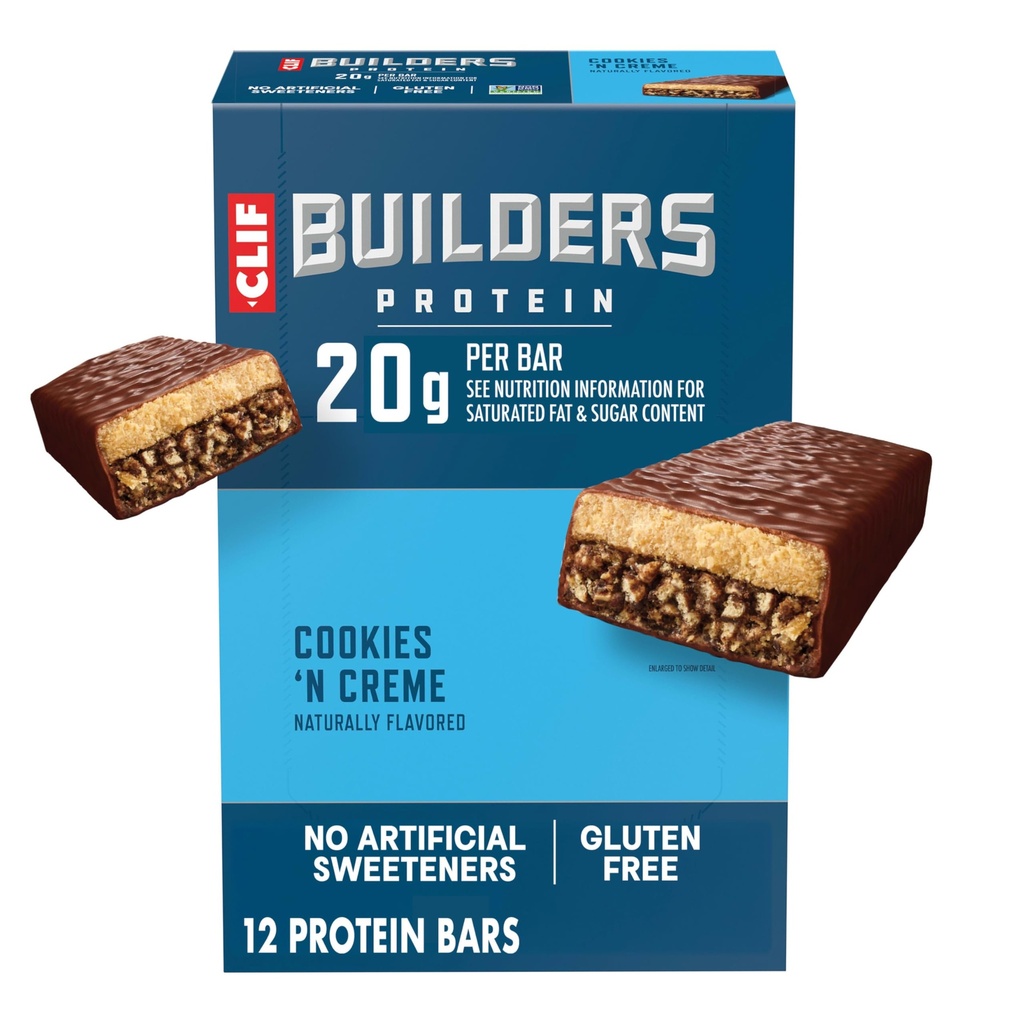 CCLIF BUILDERS Protein Bars - Cookies 'n Cream Flavor - 20g Plant Based Protein - Gluten Free - Non-GMO - Low Glycemic - No Artificial Sweeteners - 2.4 oz. (12 Pack)