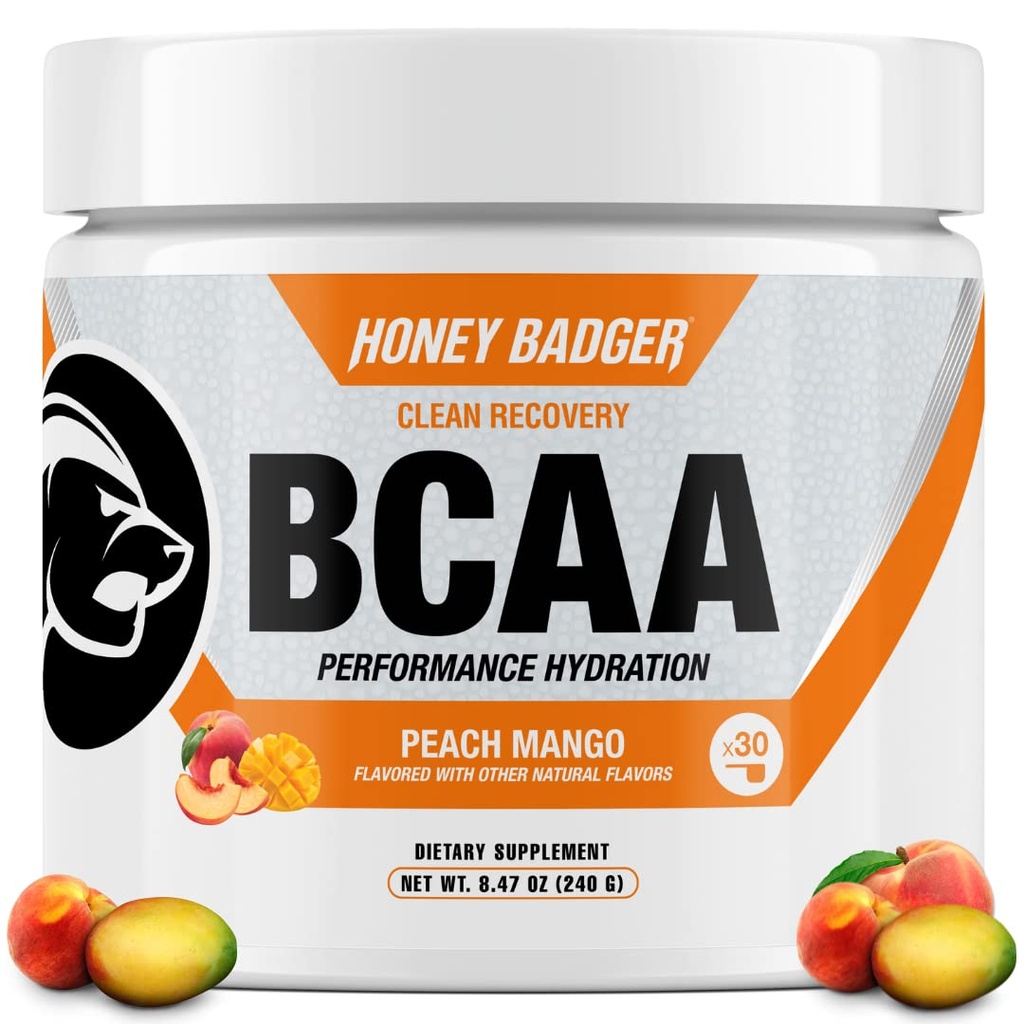 Honey Badger BCAA + EAA Acids Powder, BCAA + L- Glutamina, Keto, Wegan, Cukier wolny dla mężczyzn i kobiet, Hydration & Post Workout Napoje do odzyskiwania mięśni, Peach Mango, 30 Służenie