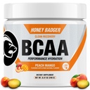 Honey Badger BCAA + EAA Acids Powder, BCAA + L- Glutamina, Keto, Wegan, Cukier wolny dla mężczyzn i kobiet, Hydration & Post Workout Napoje do odzyskiwania mięśni, Peach Mango, 30 Służenie