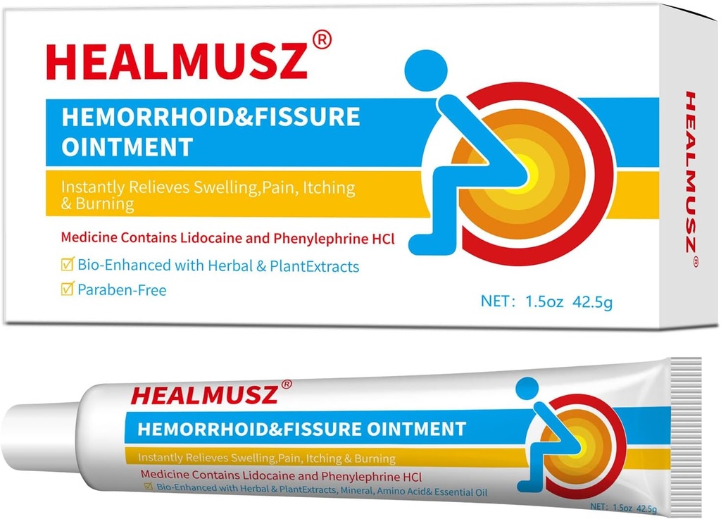 HEALMUSZ Rapid Relief Hemorhoid Cream z 4% kremem lidokainy i 0,25% HCI fenylefryny na szybkie działanie ulgi bólu, opuchlizny, dyskomfortu i swędzenia (1.5 oz)
