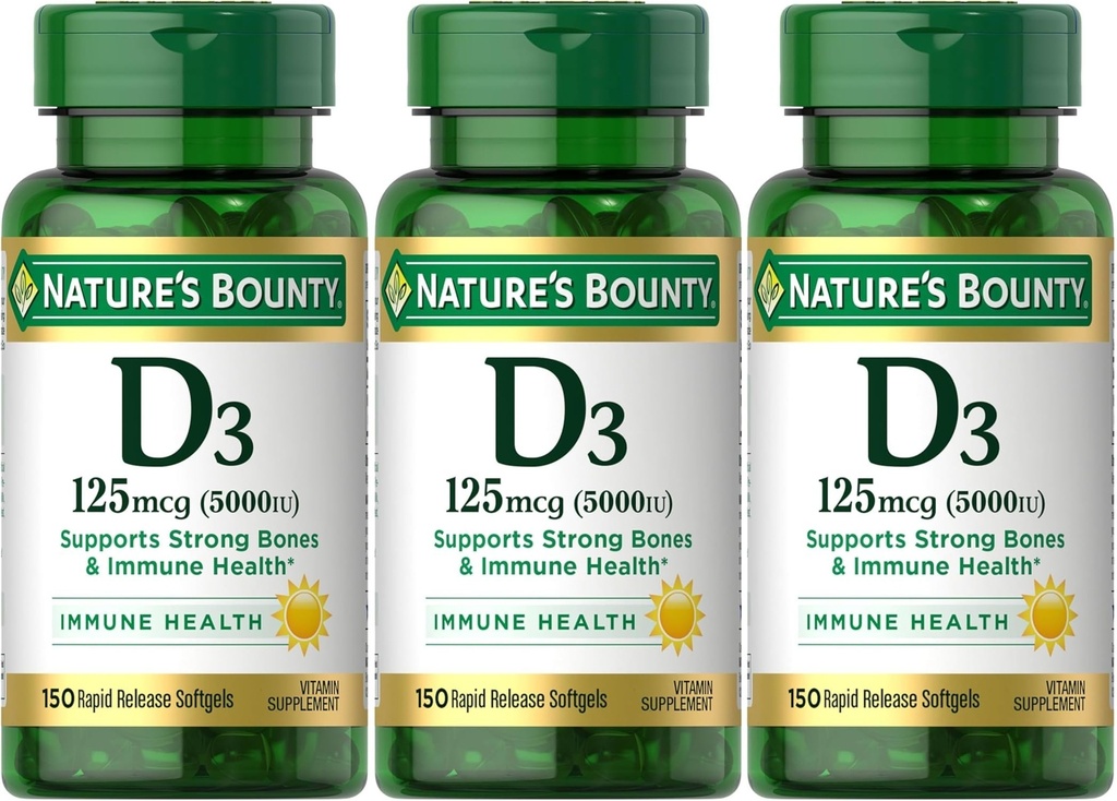 Nature 's Bounty Witamina D3 125 μg - 5000 j.m. Softgels, maksymalna moc 150 ea (opakowanie po 3)