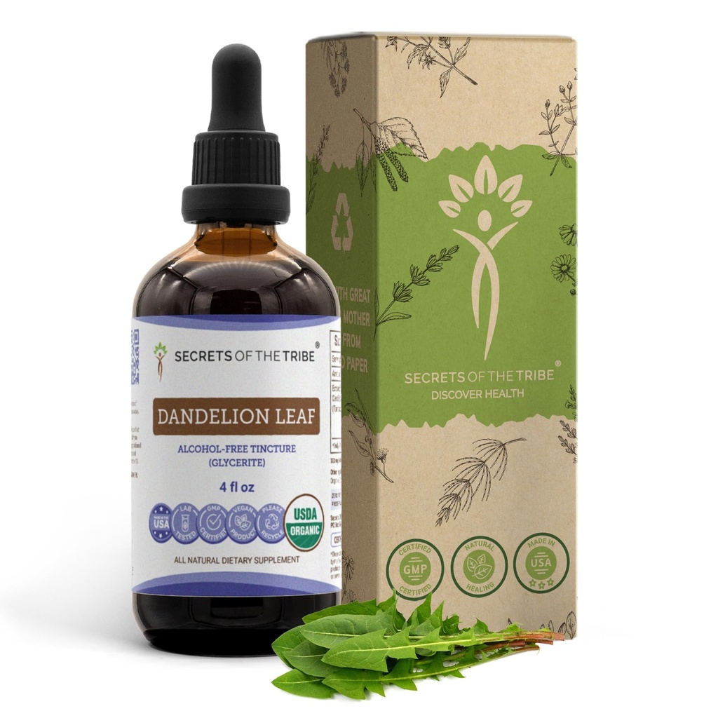 Secrets of the Tribe Dandelion Leaf USDA Organic Birmingham 124; Alcohol- Free Extract, High- Potency Herbal Drops Birmingham 124; Made from 100% Certified Organic Taraxacum Officinale Dried Leaf 4 fl oz