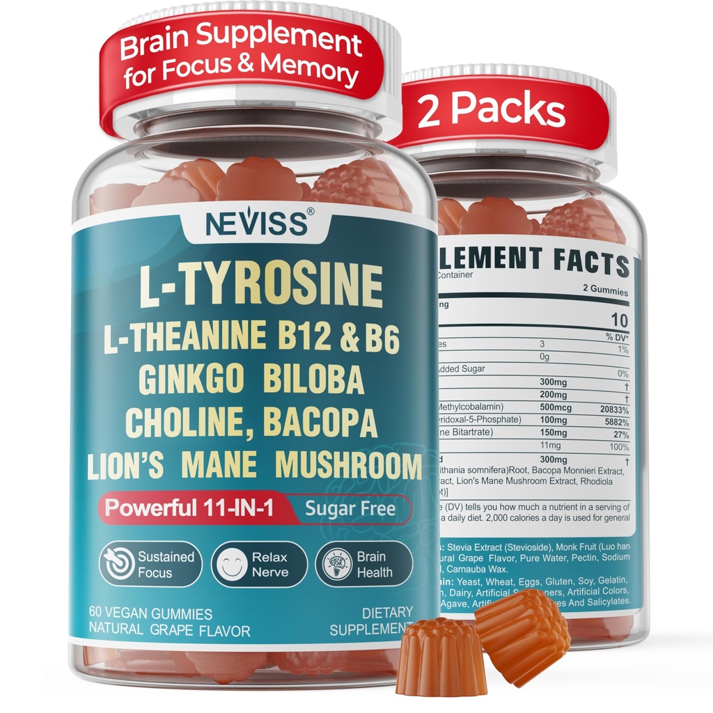 11- IN-1 Suplement mózgu dla pamięci i ostrości z L- Tyrosine L- Theanine, Methylled B12 & B6, Ginkgo Biloba, Bacopa Monnieri, Choline for Focus, Nootropic, Energia, 2Packs
