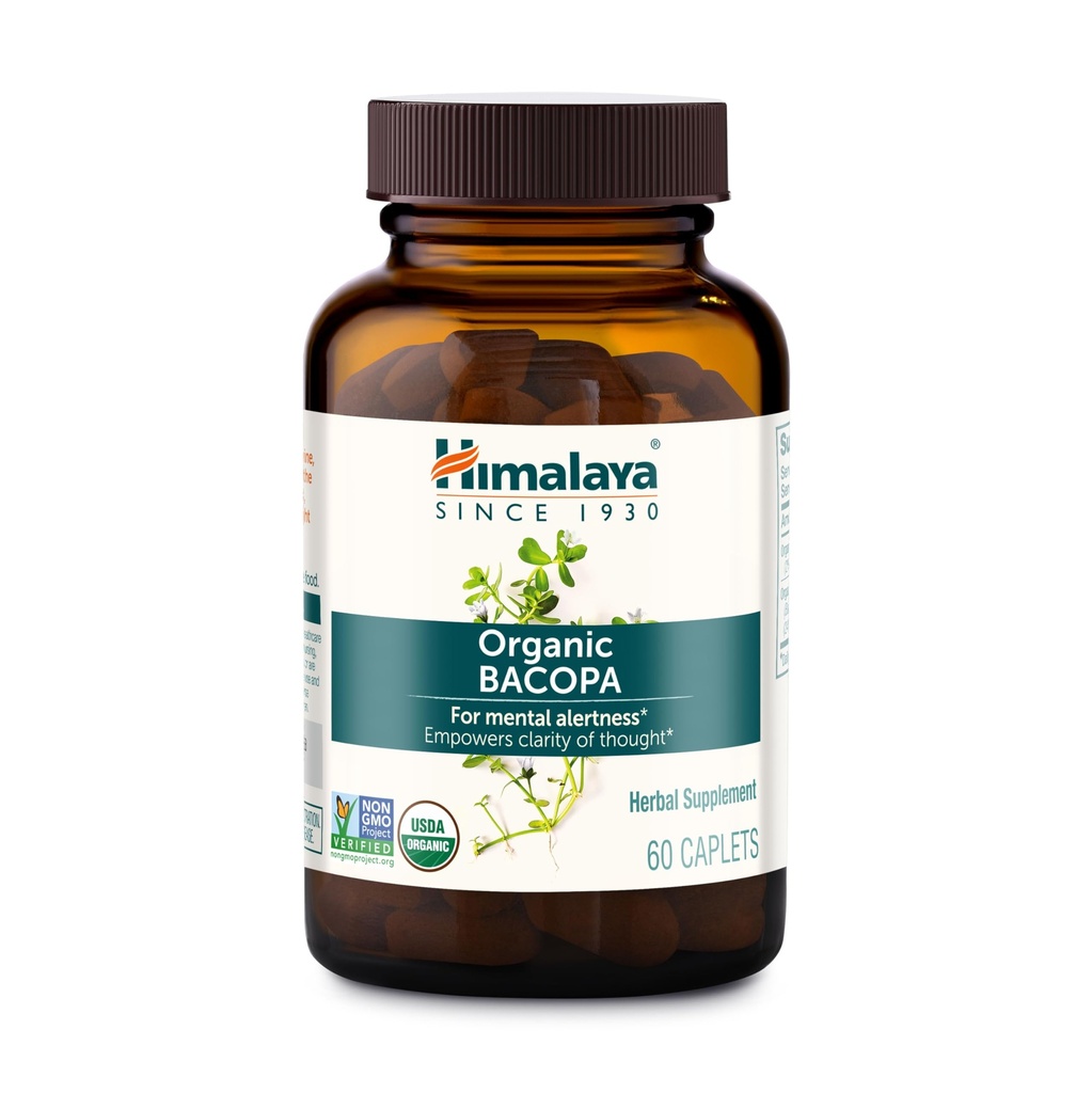 Himalaya Bacopa Monnieri Nootropowy suplement ziołowy, Wspiera spokój, Pamięć, Cognition, USDA Certified Organic, Non-GMO, 750 mg, 60 Plant- Based Capplets, 60 Day Supply