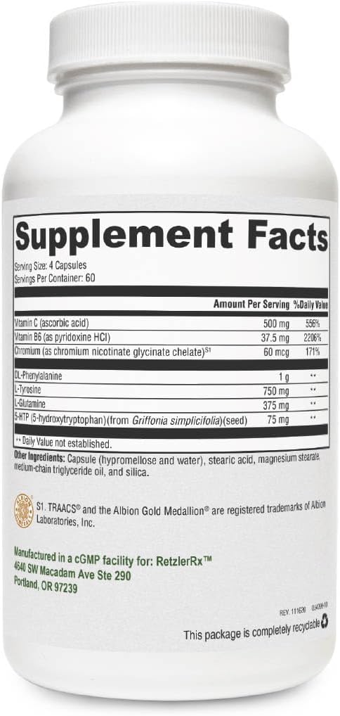 Crave Control by RetzlerRx - Wsparcie w celu pomocy Curb Appetite and Combat Crages - Chrom, DL- Fenyloalanina, L- Glutamina, Witamina B6 + 5- HTP for Mood & Appetite Support (240 kapsułki)