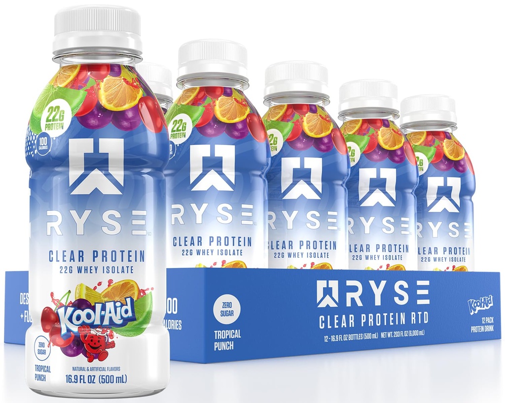 Przezroczysty napój białkowy RYSE - Kool- Aid Tropical Punch - 100 Calories, 22g Whey Isolate Protein Shake, Sugar- Free, 0g Fat & Lactose- Free - Odświeżające Ready- to- Drink Napoje - 16.9 fl Oz Butelki (12- Pack)