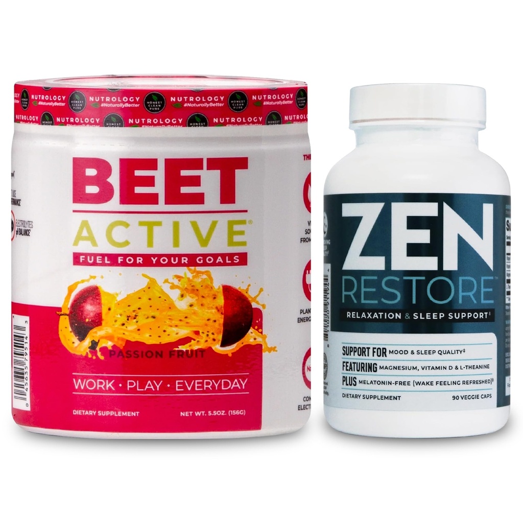 Nutrology Beet Aktywny, Natural Pre- Workout Powder, Passion Fruit Flavor (30 Servings) Zen Natural Magnez Supplement (30 Servings)