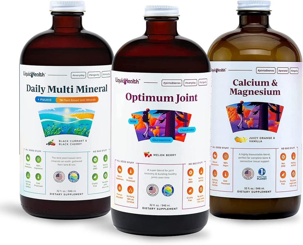 LIQUIDHEALTH Mięśnie, Kości, & Łącząc płynny zestaw witamin z Codzienne multi Mineral, Optimum Joint Liquid Glukozamina i wapnia i magnezu Suplementy - Bone & Joint Health, Wegan, Non-GMO