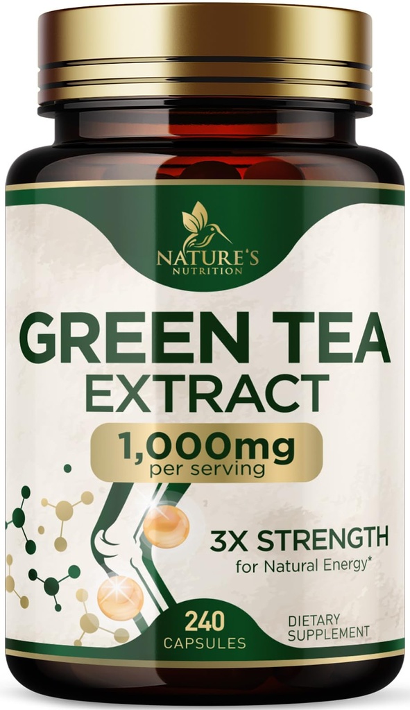 Green Tea Extract 1000mg Per Serving - Standardized 45% EGCG & 98% Polyphenols - 3X Strength Green Tea Pills for Energy, Supports Heart Health, Herbal Supplement, Vegan, Bottled in USA - 240 Capsules