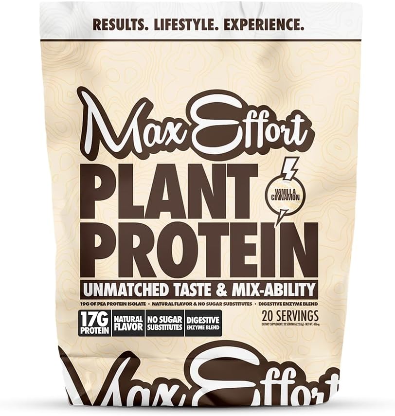 Proszek z białka roślinnego MAX EFFORT, Białko grochu 17 G, Białko grochu na bazie roślin, Bezgluten, Niskie węglowodory, Shake Protein lub Smoothie Mix, Wymiana posiłków, Bez serwatki, Brak substytutów cukru, Wanilia Cynamon, 20 Srvg