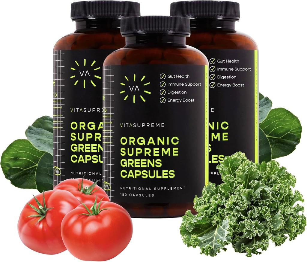 Vita Supreme Organic Super Greens Superfood kapsułki, Suplement odżywczy dla Gut zdrowia, Wsparcie immunologiczne, trawienie, Energia i więcej (Non-GMO, Keto, Wegan) 180 kapsułki, 3 opakowania