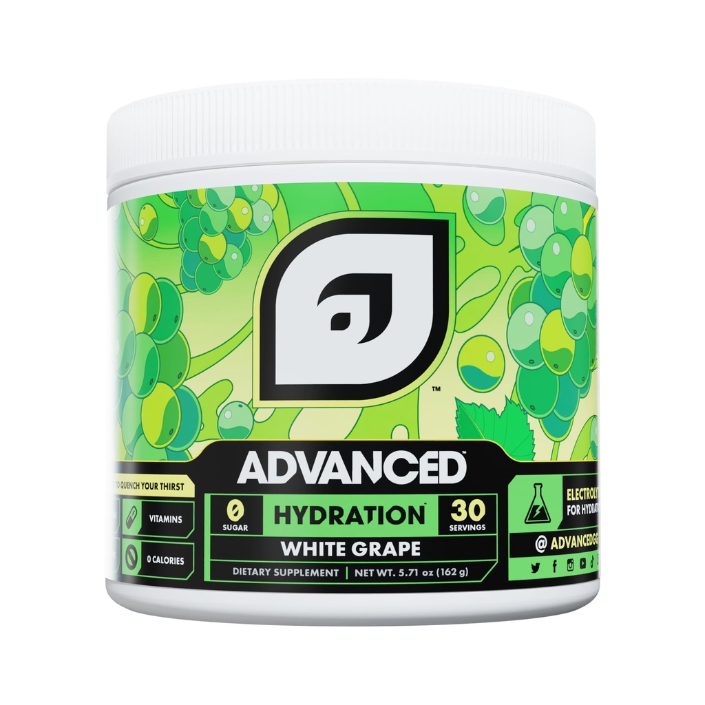 Advanced Hydration High-Performance Electrolyte Drink Mix with B Vitamin for All- Day Hydration - bez kofeiny, bez kalorii, bez cukru, & Keto Friendly - (30 Servings, White Grape)