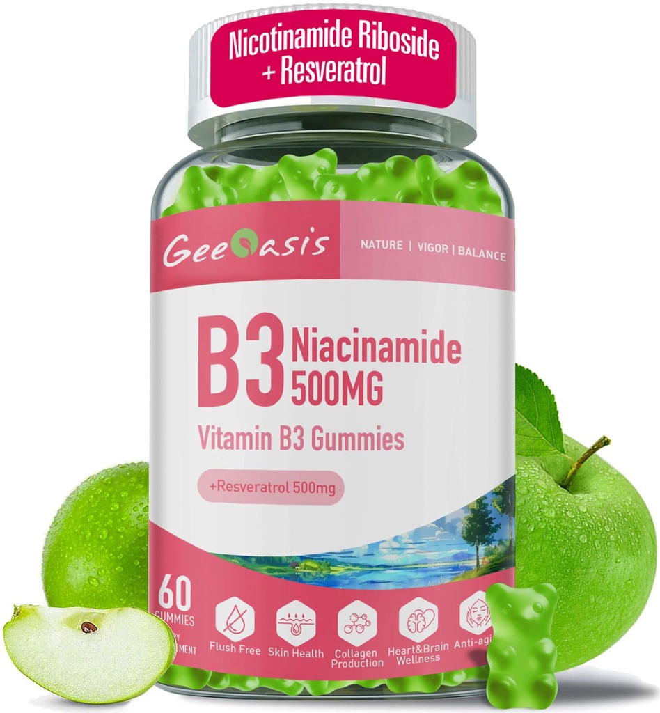 Niacynamid 500 mg Gummie, Suplement witaminy B3 do żucia z Resveratrol 500 mg, Wysoka potencja Niacyna dla przeciwutleniaczy, Zdrowie skóry i mózgu, Wsparcie immunologiczne, Wegański Jabłkowy Flavor, 60 Hrabia