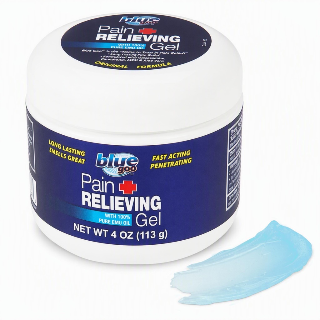 Blue Goo Pain Relieving Gel - Ulga dla pleców, szyi, mięśni i bóle stawów, Szybkie chłodzenie i łagodzenie ulgi z 100% czystego oleju Emu, 4 oz (1 opakowanie)
