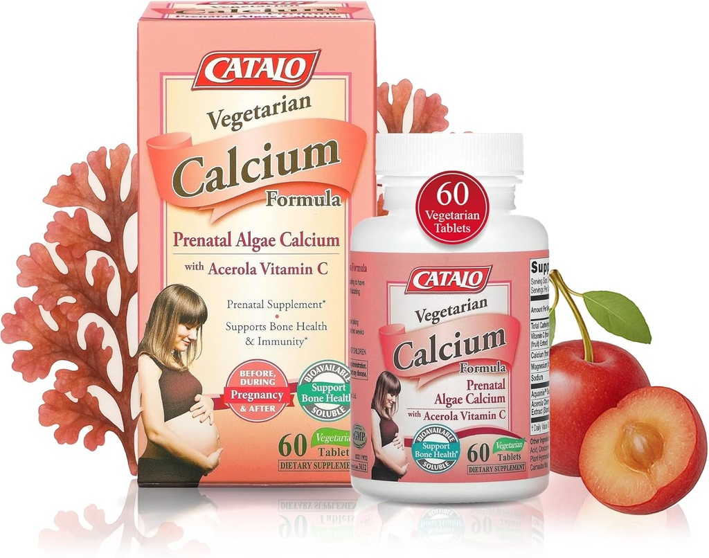 CATALO Wegetarian Wapń Formuła, Plant- oparte na Red Algae Wapń z naturalną witaminą C, Łatwy do trawienia, Mineral- bogaty w codzienną odżywkę, Idealny do ciąży i laktacji - 90 Tabletki