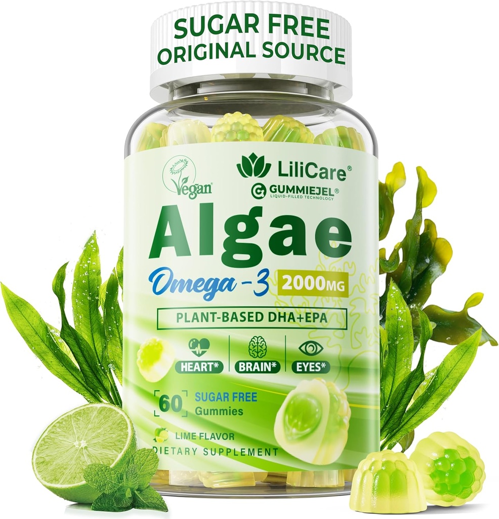 Omega 3 Gummies 2200mg z Algae Oil (DHA 640mg & EPA 290mg) dla kobiet i mężczyzn, Vegan Omega 3 Fish Oil Alternative, w / CoQ10, Astaksantyna, Witamina A, E, D3 for Brain, Eye, Antioksydant, Sugar Free, 1Pack