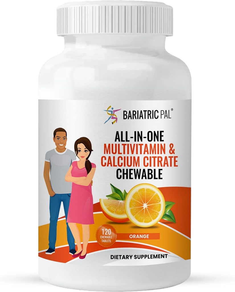 BariatricPal "ALL- IN- ONE" Do żucia wielowalutamina z cytrynianem wapnia i żelazem - pomarańcza (Cleanance: Best by June 30, 2025)