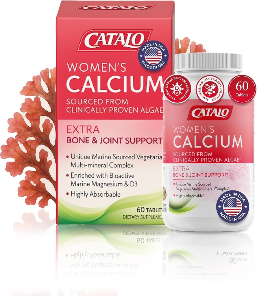 Catalo Wapń damski z Aquamin ™ Red Algae - Plant- Based Marine Calcium Supplement z witaminą D3, Magnezu i cynku - Wysoka receptura absorpcyjna - 60 tabletek