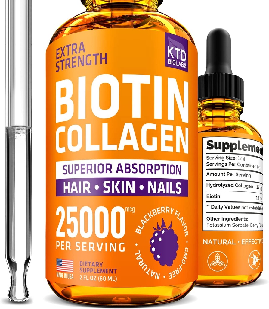 Płynny Kolagen i Krople Biotin do wzrostu włosów 25,000 µg - Made in USA Kolagen & Biotin Witaminy do skóry i paznokci - Zhydrolizowane Kolagen i suplement Biotin dla kobiet i mężczyzn