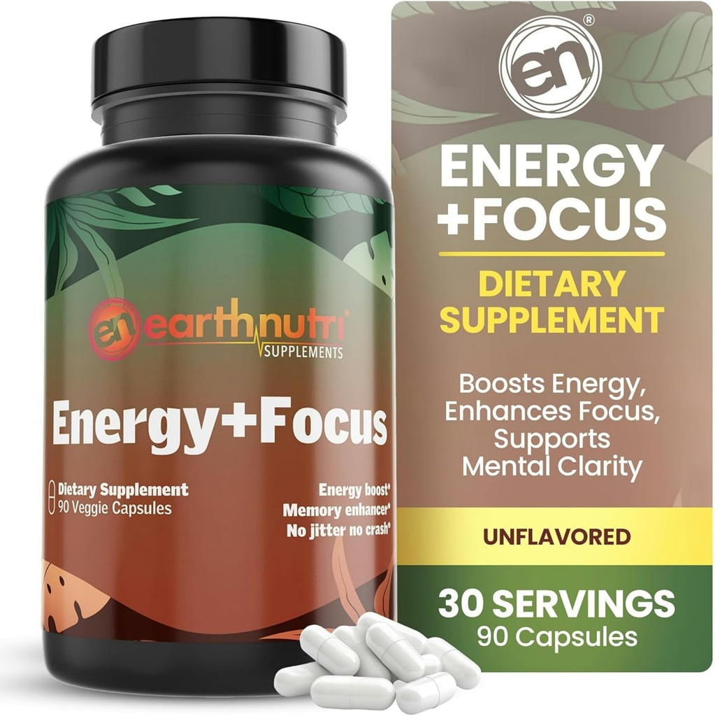 EarthNutri Energy + Focus Supplement - Energy Boost & Memory Enhancer z PeakO2, AlphaSize, Cognizin, PurCaf, Theacrine, Acetyl L- Carnitine i L- Tyrosine - 3 kapsułki na serwowanie