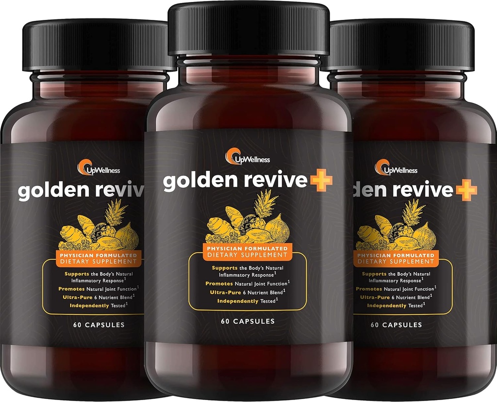 UpWellness Golden Revive + Joint Supplement Supplement Wyposażony w turmeric z Black Pepper, Quercetin i Magnesium Turmeric Boswellia Supplement - 6 Active Ingredients - 60 kapsułek, 3 opakowania