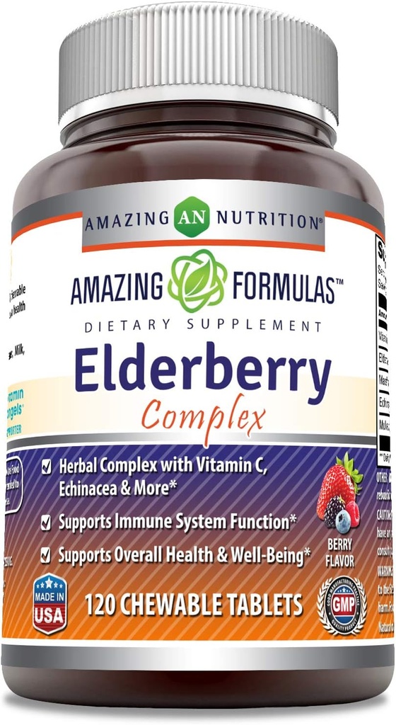 Amazing Formulas Elderberry Complex Supplement Budapest 124; 120 Tablety do żucia 124; Berry Flavor Budapest 124; Non-GMO Budapest 124; Gluten- Free Budapest 124; Made in USA
