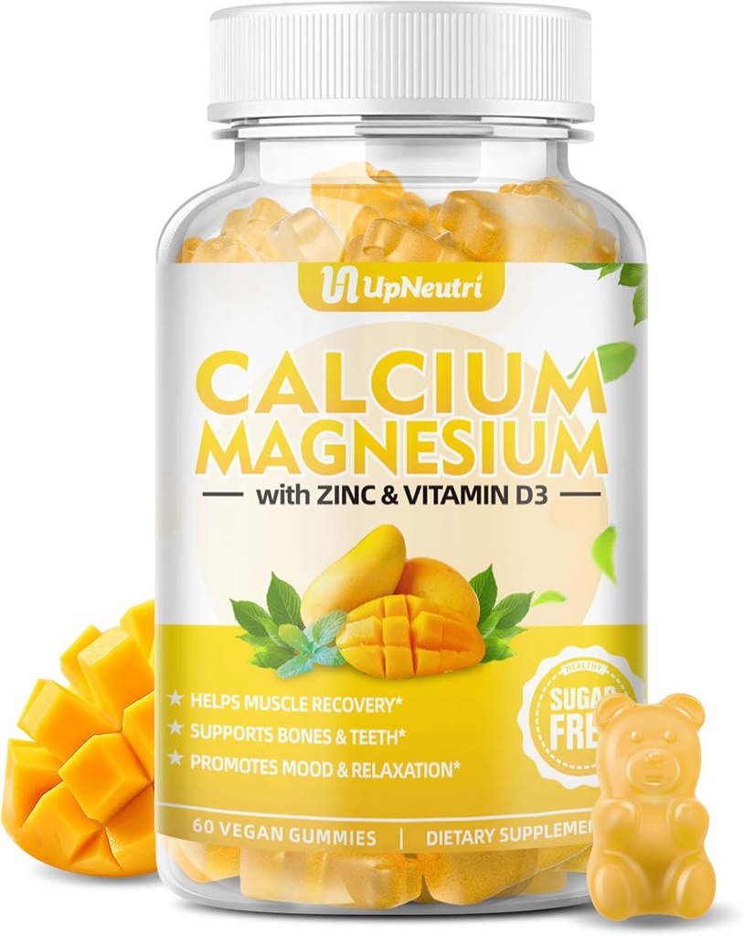 Cynk wapnia Magnezu z dodatkiem witaminy D3, Gummeje wapnia bezcukrowe dla kobiet, Gummeje cynku o wysokiej absorpcji dla kości i mięśni i zdrowia immunologicznego, Flavor Wegan Mango - 60