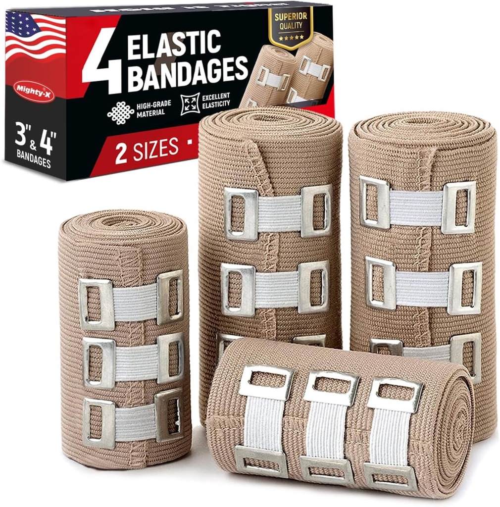 Premia elastyczny bandaż Wrap - 4pk (2x3in, 2x4in) + 12 Extra Clips - Mocny bandaż kompresji dla Wrists, Ankles, Feet i Knees