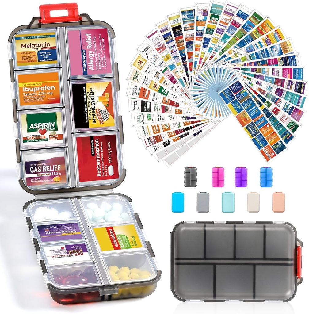 14 Grids Travel Pill Organizer Box z 415- Pcs Medicine Name Etykiety - Pocket Daily Pharmacy Case Container Kit - Travel Medication Holder Dispenser for Fish Oil Supplement Supplement Storage -Clear Grey