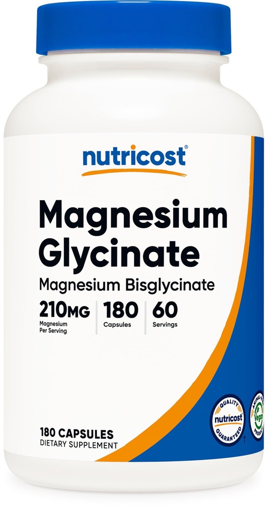 Nutricost Magnezu Glicynian Kapsułki (180 Kapsułek, 210 mg na Podawanie) - Magnezu Glicynian Suplement do Wchłaniania Gentle