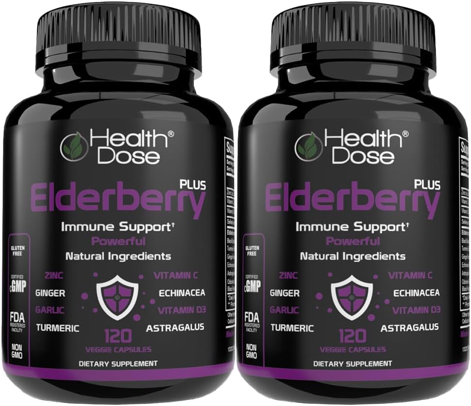 Dawka zdrowotna Elderberry Plus kapsułki - Suplement do wsparcia immunologicznego z witamin C, D3, cynku, Selenium & 11 Składniki do Year- Okrągłego Wellness - 120 Kapsułki wegetariańskie, 2- Miesiąc dostaw opakowania 2