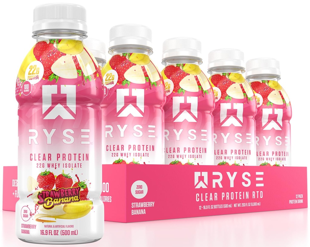 Przezroczysty napój białkowy RYSE - Banana truskawkowa - 100 kalorii, 22g Protein Isolate Protein Shake, Sugar- Free, 0g Fat & Lactose- Free - Odświeżające Ready- to- Drink Napoje - 16.9 fl oz Butelki (12- Pack)