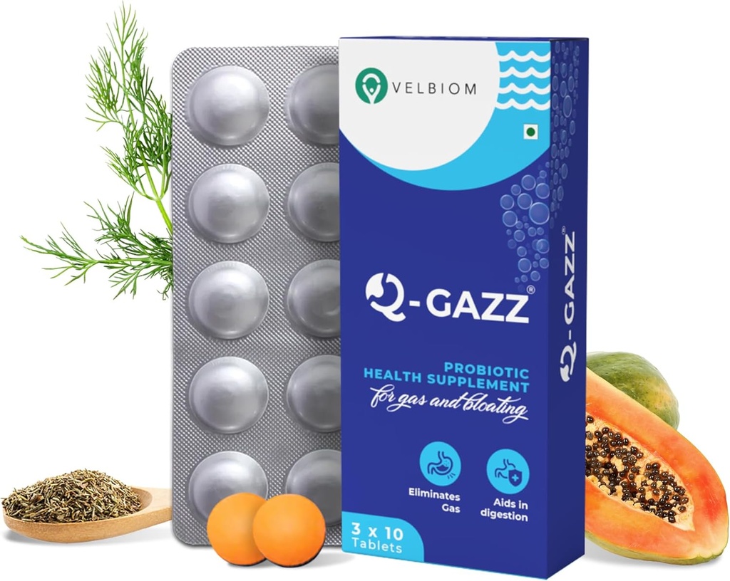 Q-Gazz pomaga w gazie, wzdęciu i niestrawności Klinicznie udowodniony unikalny mieszanka probiotyków, olejków węglowych i enzymów trawiennych dla mężczyzn i kobiet przygotowanych przez lekarzy - 30 tabletek