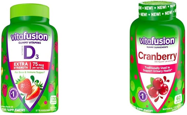 Witafuzja Dodatkowa siła Witamina D3 Gummy Truskawka Smażone kości i wsparcie immunologiczne (120 Count) + Żurawinowe Gummies dla kobiet Wsparcie zdrowia moczu (60 Count)