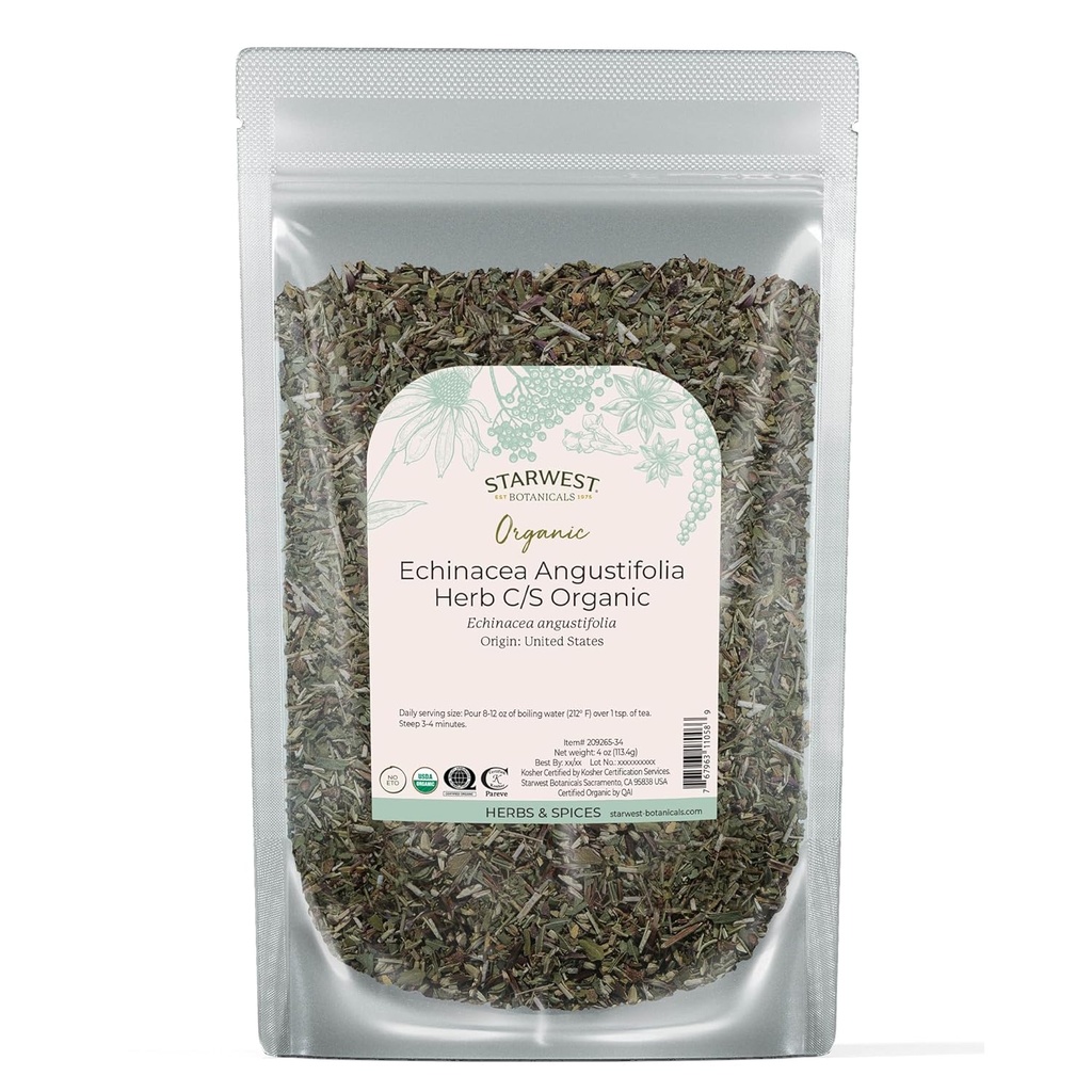 Starwest Botanicals Suszony Echinacea Angustifolia Organic - Loose Leaf Herb na herbatę, nalewki, & Naturalne mieszanki ziołowe, Cut & Sifted, Certified Kosher, Non-GMO - 4 oz Pouch