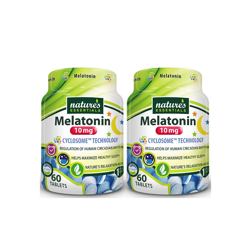 NATURE 'S ESENTIALES Melatonina 10mg ETAP 124; Natychmiastowe i rozszerzone wydawnictwo 124; Zaawansowana Cyklosomowa Liposomalna Dostawa 124; Nie-GMO, Gluten Free, Wegetariańskie 124; 60 Tabletki (2 opakowania)
