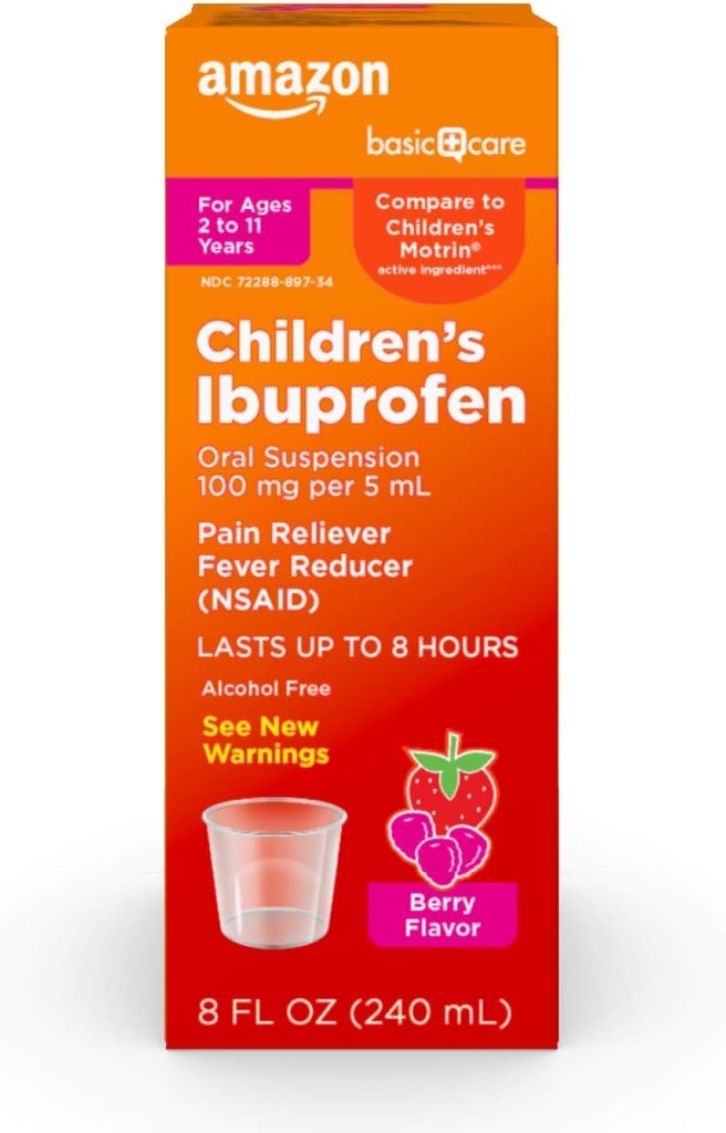 Ibuprofen dla dzieci w postaci zawiesiny doustnej, 100 mg na 5 ml, Reliever Pain and Fever Reducer, Berry Flavor, Na ból gardła, ból głowy i więcej, 8 fl oz (Opakowanie po 1)