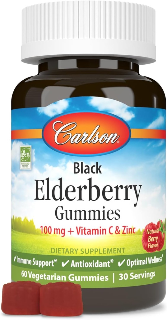 Carlson - Gummie z czarnej jagody, z witaminą C i cynku, Wsparcie immunologiczne, 60 Gummies