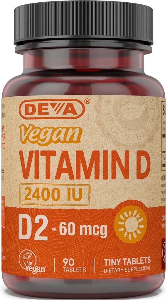 Deva Vegan Witamina D2 60 μg 2400 j. m., Suplement Ergokalcyferolu bez składników zwierzęcych, 90 tabletek, 1- opakowanie