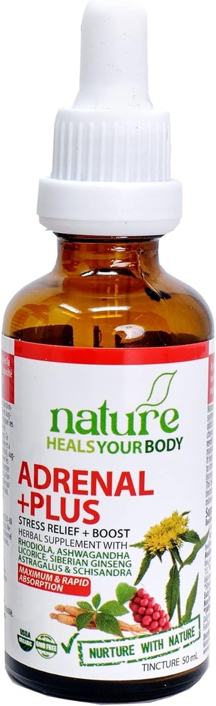 Adrenal + Plus - Stress Releaf + Boost - Herbal Tincture - Rhodiola Bis124; Ashwagandha Bis124; Licorice 124; Eleuthero Bis124; Astragalus 124; Schisandra Bis124; Organic (50 ml)