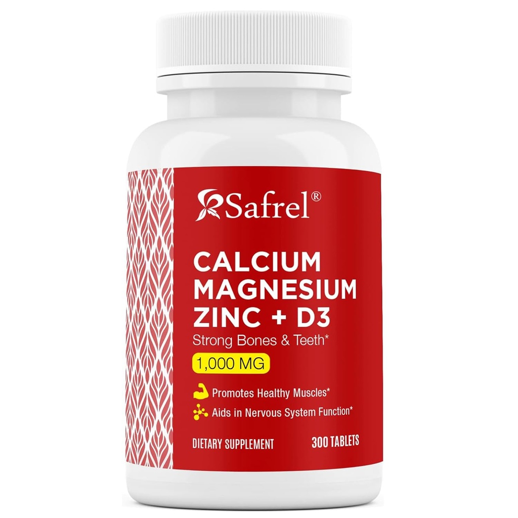 Safral Magnezu wapnia Cynk z witaminą D3, 300 Tabletów - Wapń 1000 mg, Magnez 400 mg, Cynk 20 mg i D3 600 j. m.